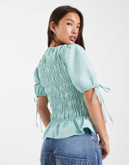 ASOS DESIGN puff sleeve top with shirring detail in green stripe