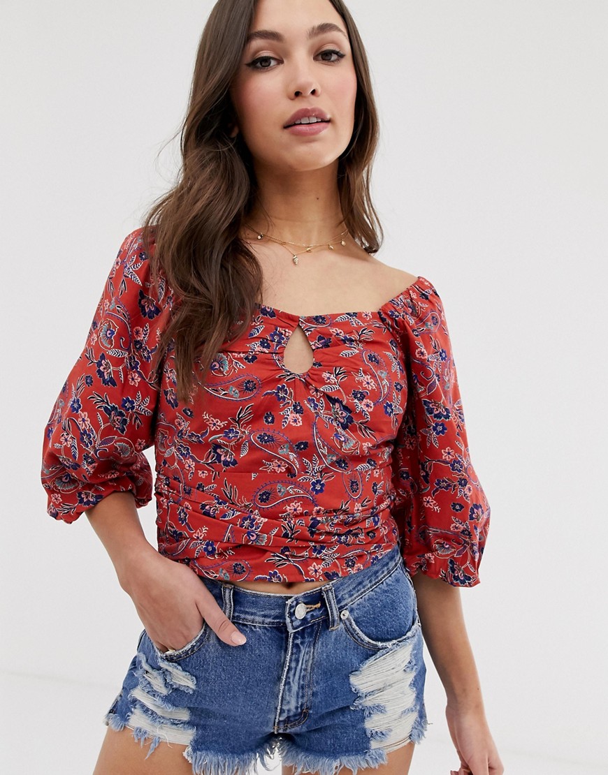ASOS DESIGN puff sleeve top with tie detail in floral print-Multi