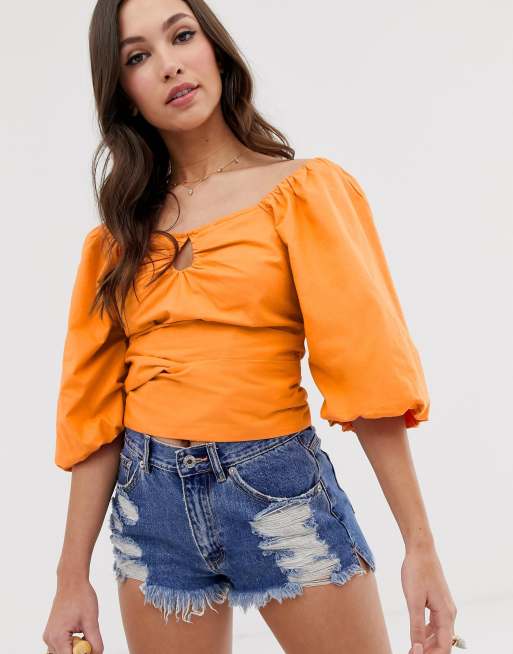 ASOS LUXE lace long sleeve crop top with puff sleeves in orange - part of a  set