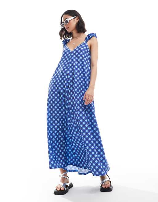 ASOS DESIGN puff sleeve trapeze maxi dress in blue plaid