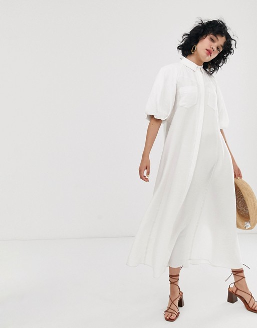 ASOS DESIGN puff sleeve trapeze maxi shirt dress with contrast stitching