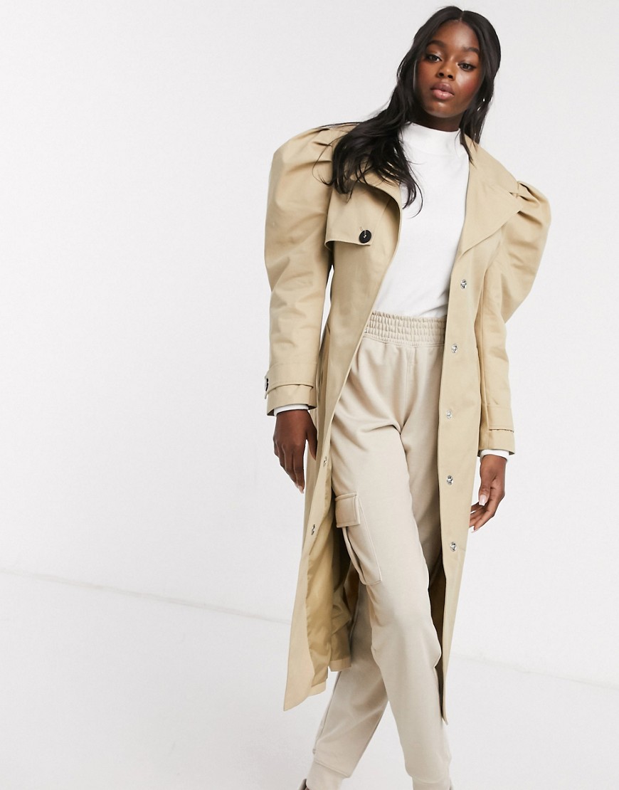 Asos Design Puff Sleeve Trench Coat In Stone-neutral