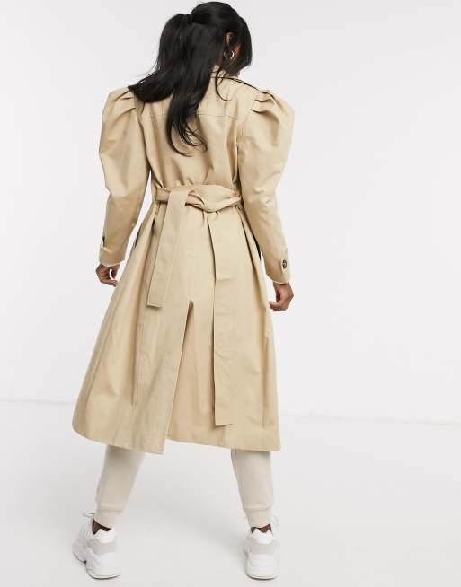 ASOS DESIGN puff sleeve trench coat in stone | ASOS