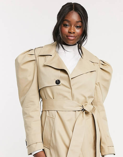 ASOS DESIGN puff sleeve trench coat in stone