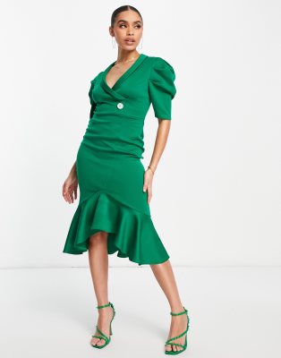 ASOS DESIGN puff sleeve tux midi dress in green-Multi