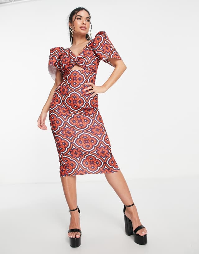 ASOS DESIGN Puff sleeve twist front midi dress in geo print