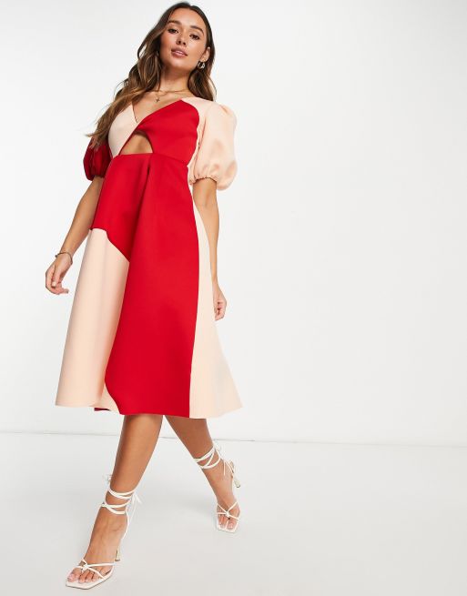 ASOS DESIGN puff sleeve twist plunge cut out prom midi dress in contrast colour