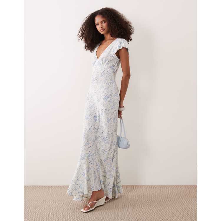 ASOS DESIGN puff sleeve v-neck maxi day dress in blue floral | ASOS