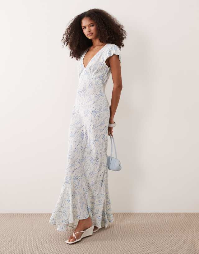 asos blue dress with flowers Design - Puff Sleeve V-Neck Maxi - Women - Viscose - 12 US Mock Neck Midi A Icy Orchid this dress is ideal Cup:Reg (A-F)