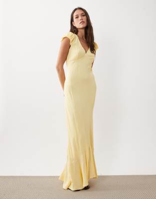 Asos Design Puff Sleeve V Neck Maxi Tea Dress In Yellow