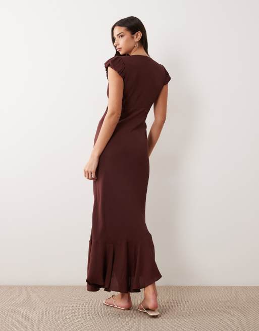 ASOS DESIGN puff sleeve v neck maxi tea dress in chocolate, 3 of 4