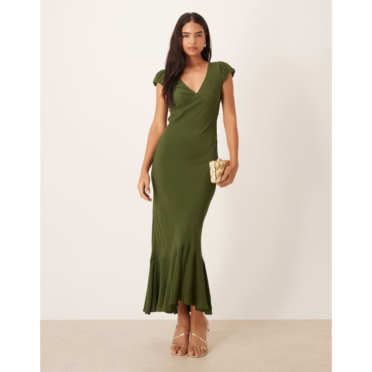green prom dress asos Design Puff Sleeve V-Neck Maxi tea in green-Multi 7/11/24