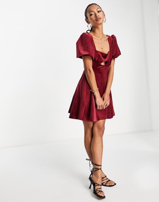 Burgundy Velvet Flared Dress, Off the Shoulder Dress