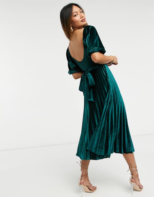 asos green velvet pleated dress