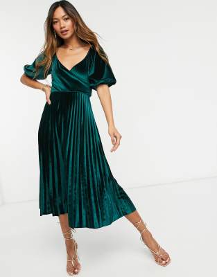 asos green velvet pleated dress