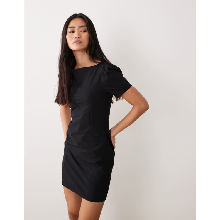 ASOS DESIGN puff sleeve with pocket detail mini dress in black | ASOS