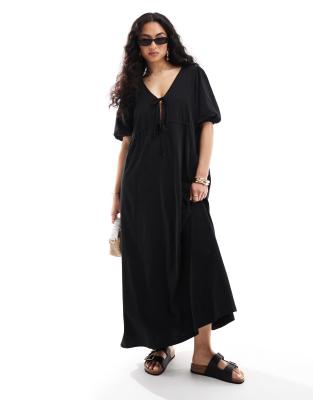 ASOS DESIGN puff sleeve with tie up bodice midi dress in black