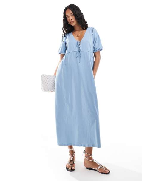 ASOS DESIGN puff sleeve with tie up bodice midi dress in blue - view 1