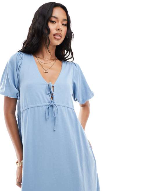 asos blue puff sleeve dress AX Paris satin puff sleeve drape detail midi dress in navy – ASOS Sample  Sale