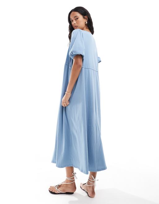 asos blue puff sleeve dress Asos Edition Off Shoulder Textured Mini Dress With Blouson Sleeve In Blue