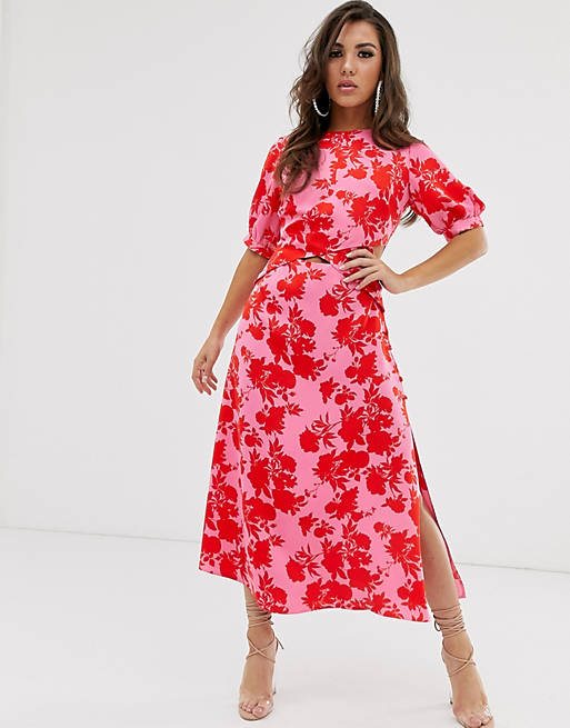 ASOS DESIGN puff sleeve wrap front midi dress with cutout in floral print