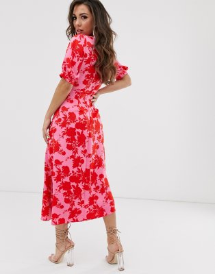 asos design wrap front midi dress with cutout in floral print