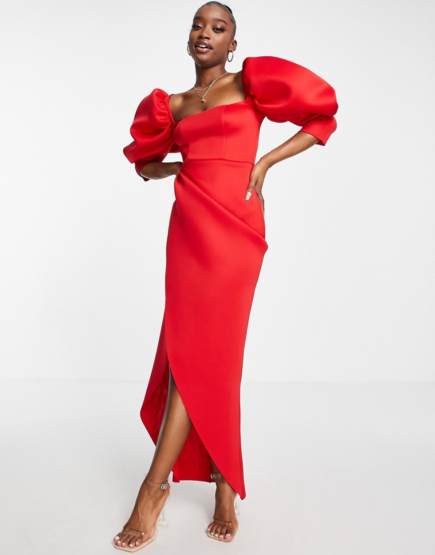 ASOS DESIGN puff sleeve wrap maxi dress in red-Green