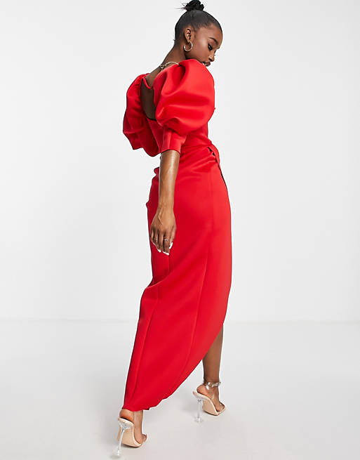 ASOS DESIGN puff sleeve wrap maxi dress in red | ASOS