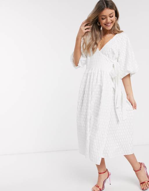 ASOS DESIGN puff sleeve wrap midi dress in textured dobby in ivory | ASOS