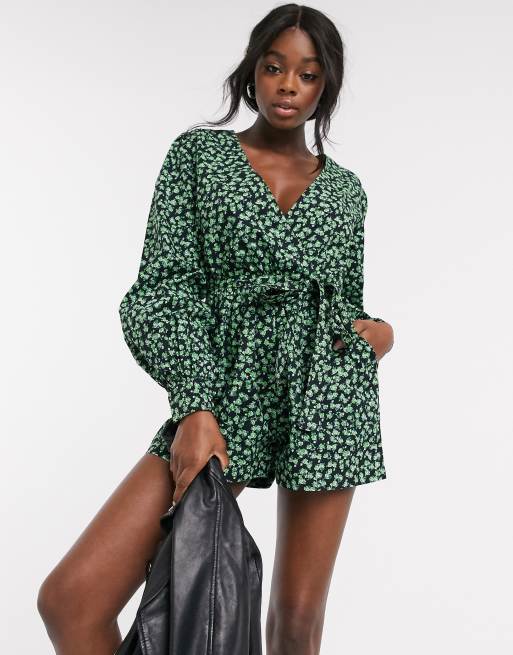 ASOS DESIGN puff sleeve wrap playsuit in ditsy floral print