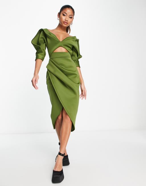 ASOS DESIGN puff sleeve wrapped skirt midi dress in olive | ASOS