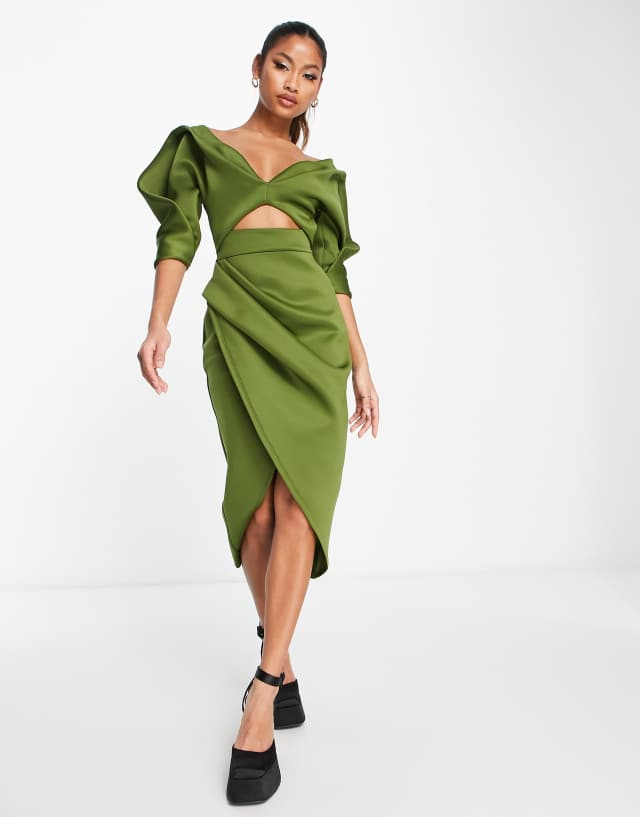 ASOS DESIGN puff sleeve wrapped skirt midi dress in olive