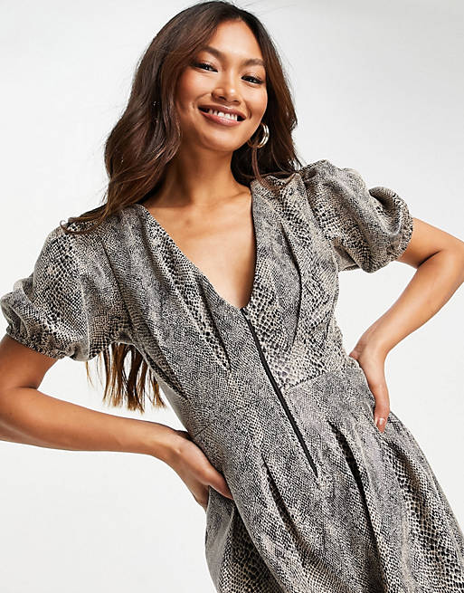  puff sleeve zip front playsuit in coated snake print 