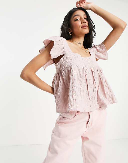 ASOS DESIGN pointelle button through top in pink - ShopStyle