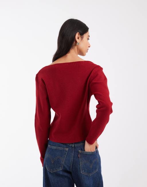 ASOS DESIGN puffärmad dubbelknäppt kofta med v-ringning och plisserad fåll i rött, 2 av 4