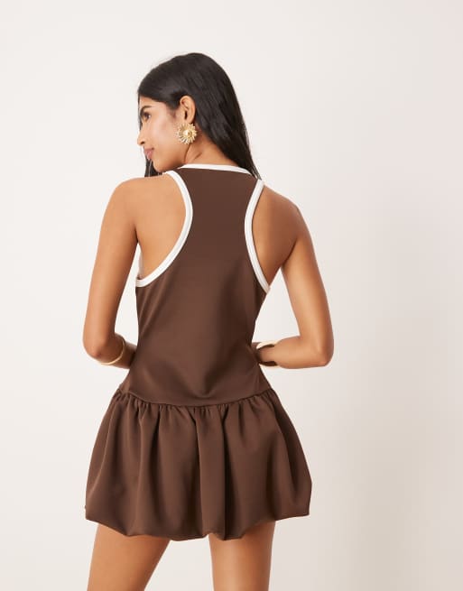 ASOS DESIGN puffball contrast binding mini dress in brown in scuba-style  fabric | ASOS