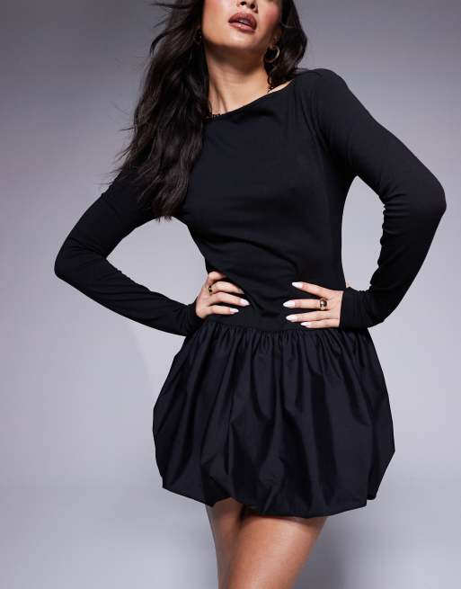 knee length dresses for ladies A-Line Satin Puff Sleeves Black Long Prom Dress, Black Long Evening Dress US 14 / Black main image 0