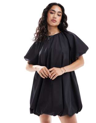 Asos Design Puffball Smock Mini Dress In Black