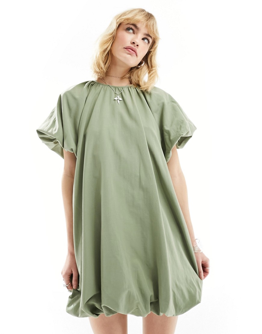 ASOS DESIGN puffball smock mini dress in dusky sage-Green