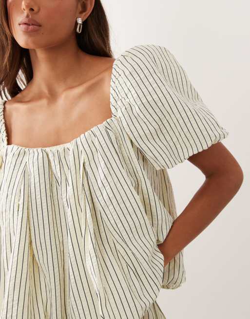 ASOS DESIGN puffball top in cream stripe, 3 of 4