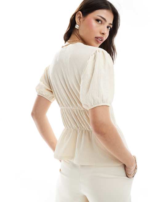 ASOS DESIGN - Puffball-top met gekreukte textuur en strikjes in ecru, 4 van 4