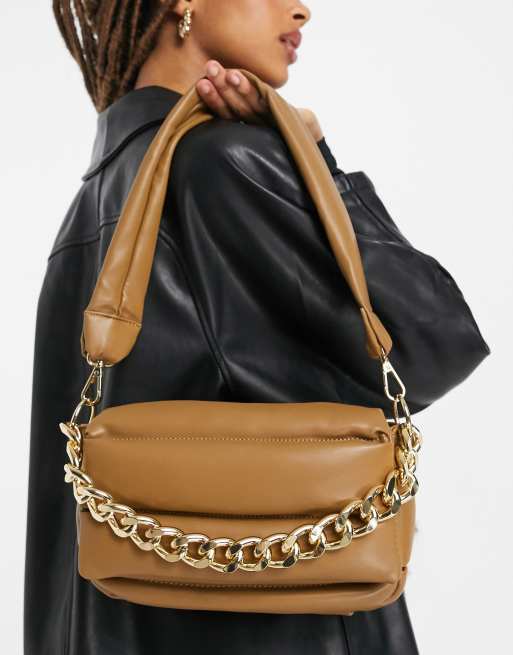 ASOS DESIGN puffed quilted shoulder bag in brown with chunky chain