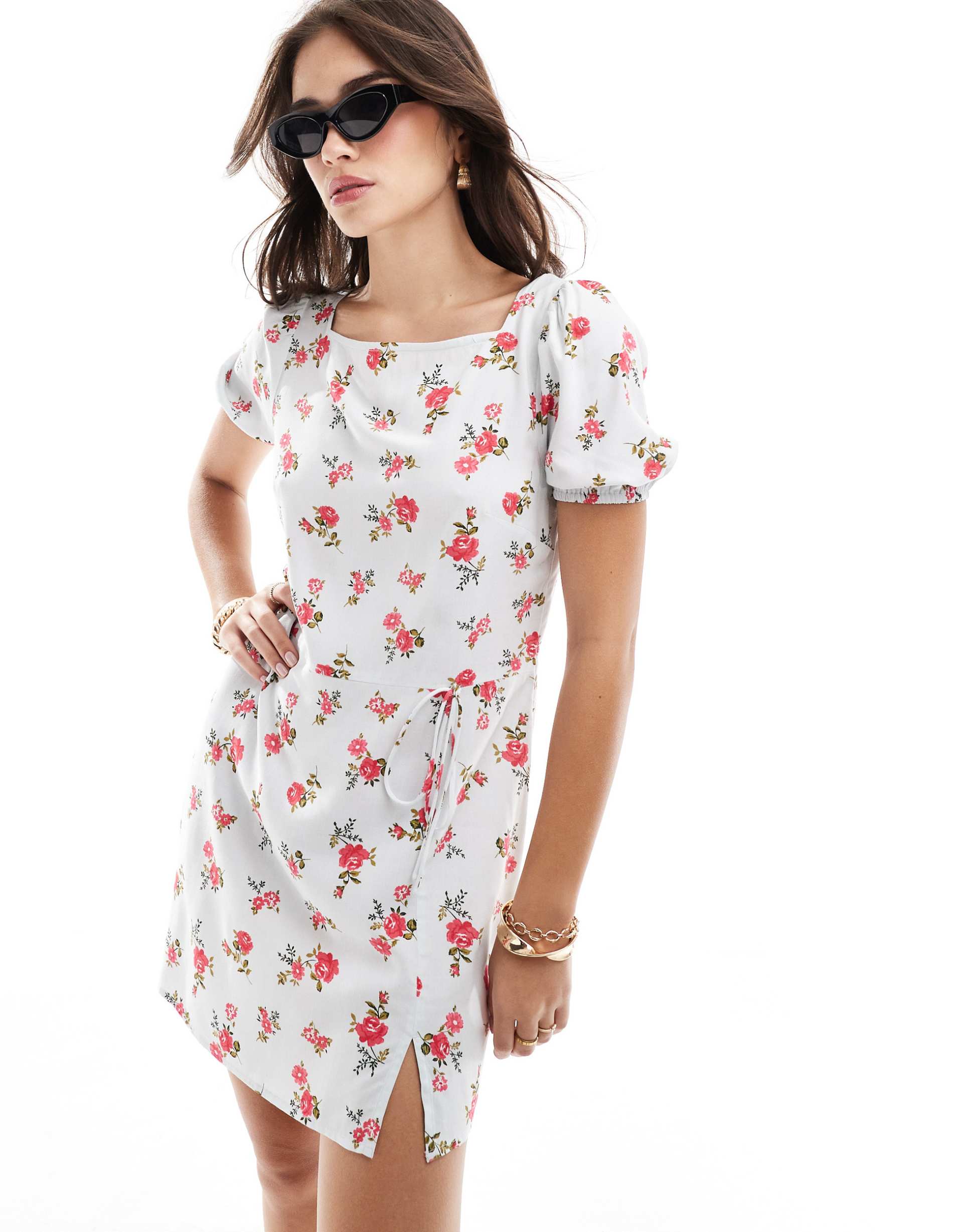 asos design puffed sleeve mini tee dress with tie waist & wrap in blue & pink ditsy floral print