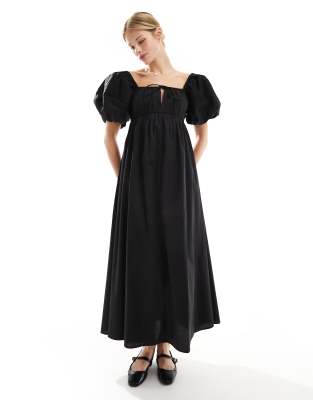 Asos Design Puffed Sleeve Smock Midi Dress In Black