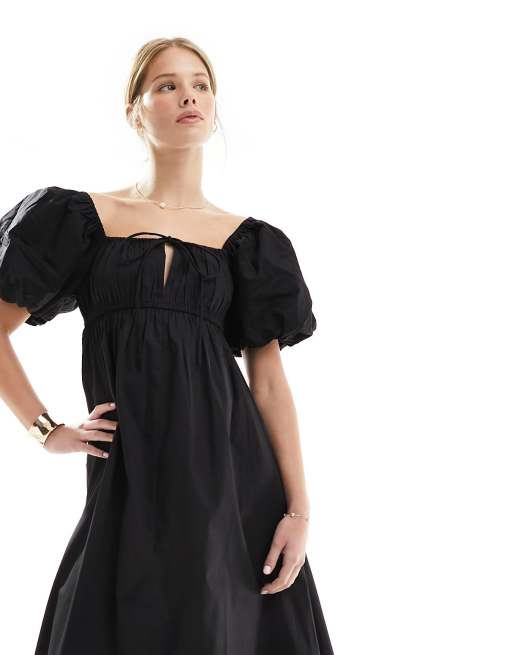 ASOS DESIGN puffed sleeve smock midi dress in black | ASOS