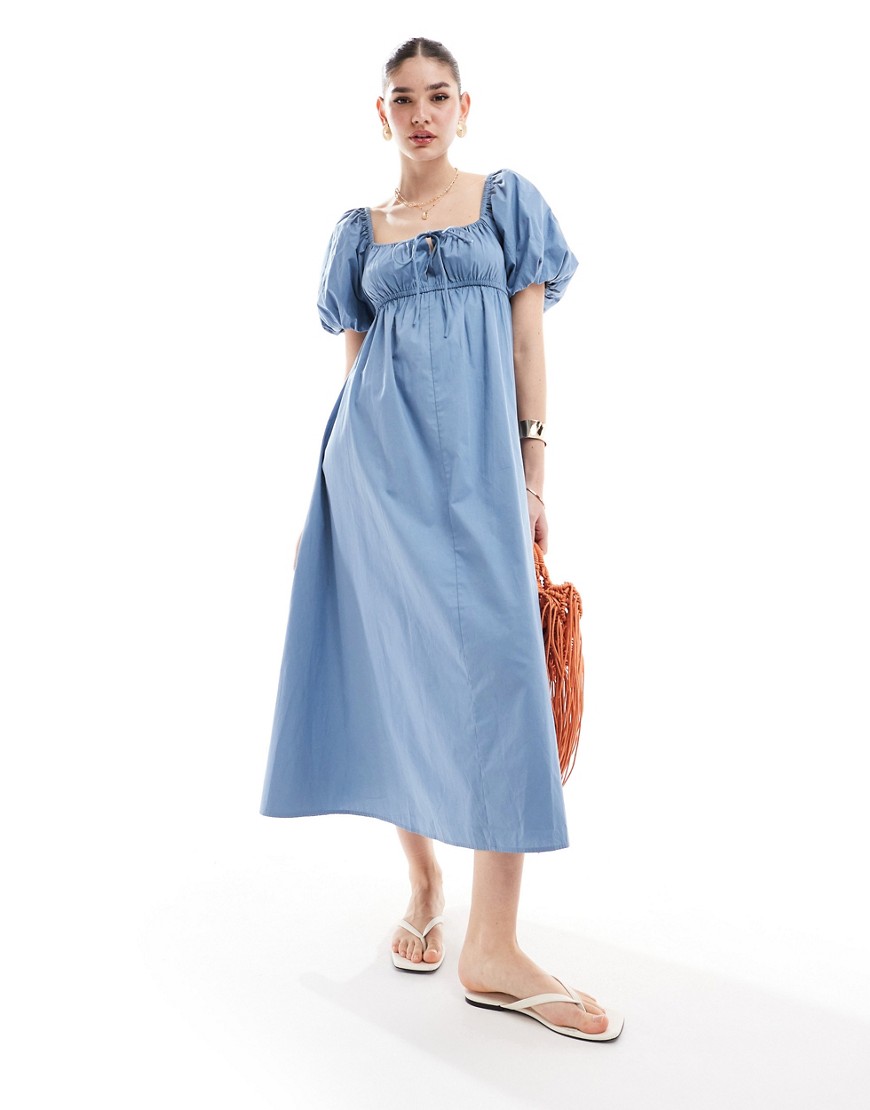ASOS DESIGN puffed sleeve smock midi dress in blue