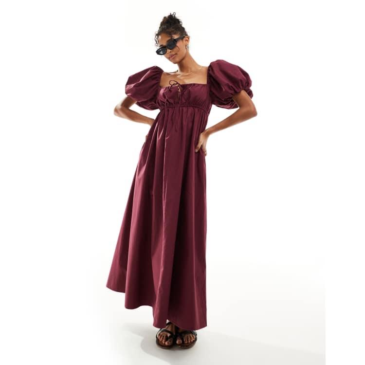 puff sleeve burgundy dress ASOS DESIGN puffed smock midi in blue long sleeve short UWS39 Color:Bluejay