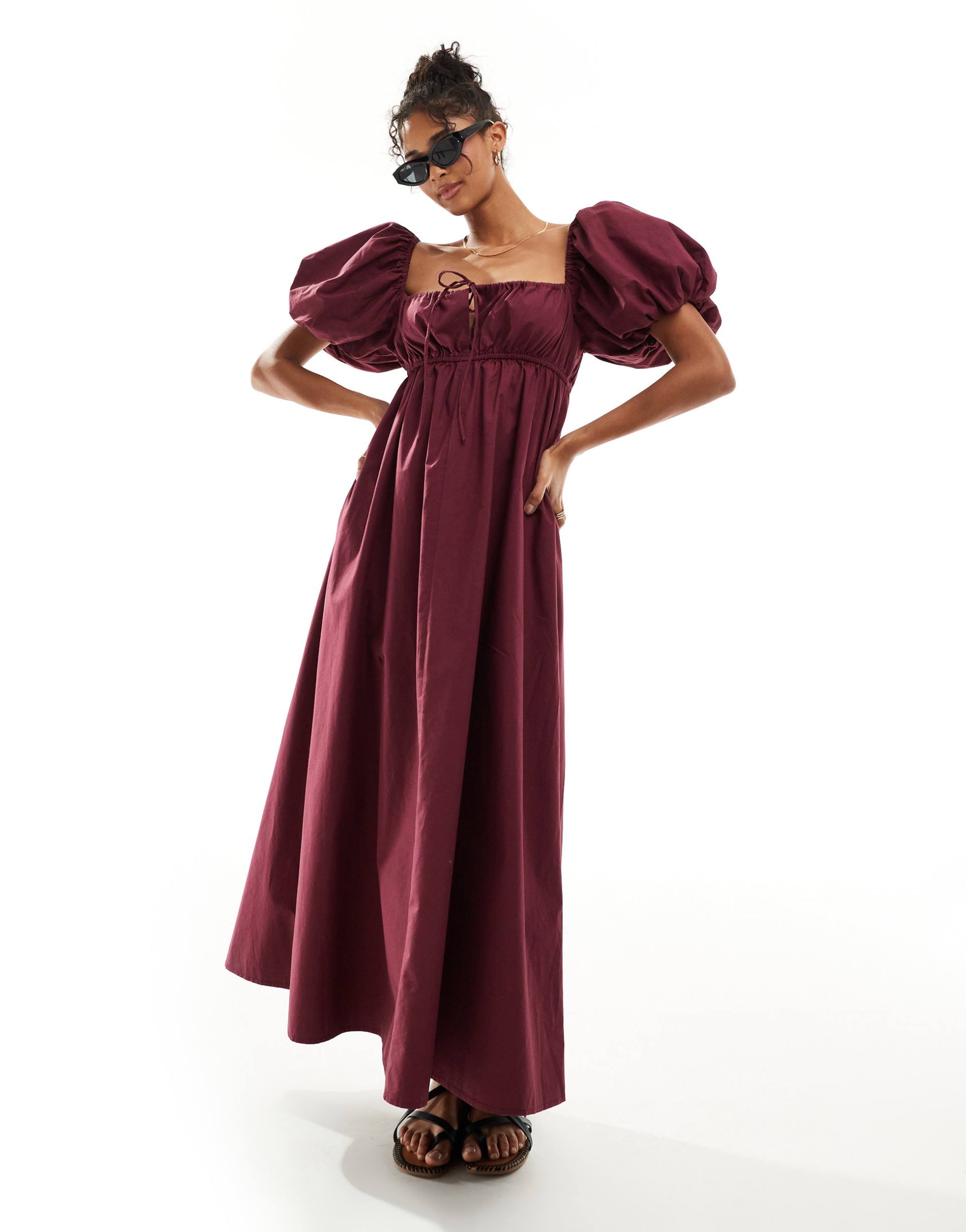 asos design puffed sleeve smock midi dress in burgundy