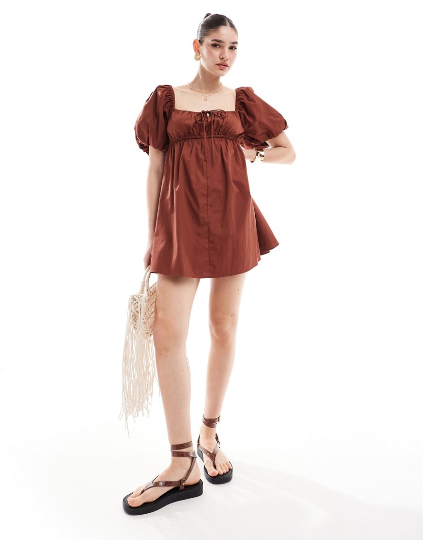 Asos Design Puffed Sleeve Smock Mini Dress In Brown