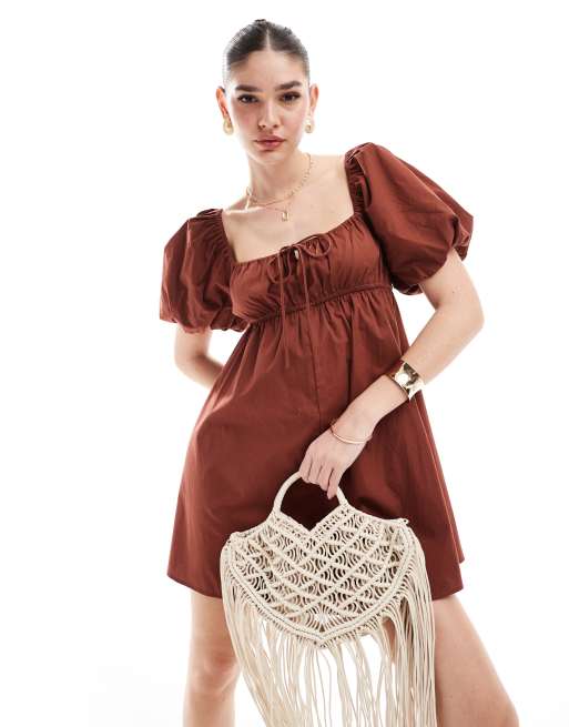 FhyzicsShops DESIGN puffed sleeve smock mini dress in brown